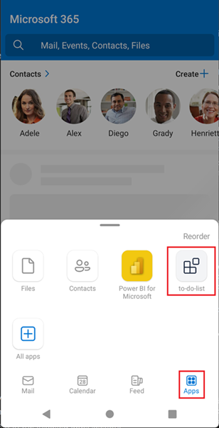 Android 上の Outlook アプリの [アプリ] オプションを示すスクリーンショット。