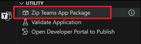 Visual Studio Code 用 Teams Toolkit 拡張機能の Zip Teams アプリ パッケージ オプションを示すスクリーンショット。