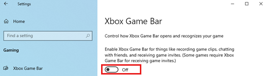 Xbox Game Bar ページのオフオプションを示すスクリーンショット。