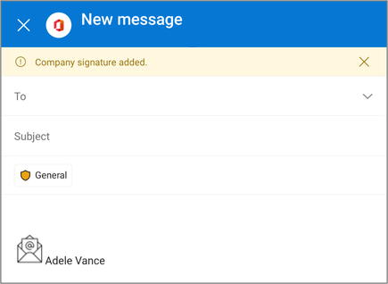 Outlook モバイルで構成されているメッセージに追加されたサンプル署名。