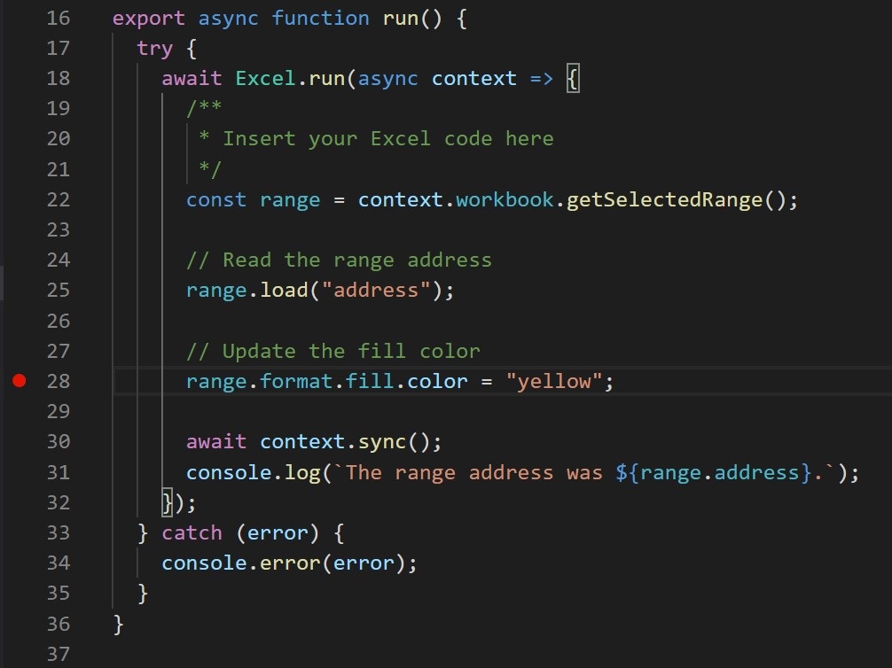 Visual Studio Code のコード行に赤い円が表示されます。