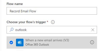 [フロー名] と [choose your folow’s trigger (フローのトリガーを選択する)] オプションを示す Power Automate Flow の一部。フロー名は &quot;メール フローの記録&quot; で、トリガーは [When a new email arrives in Outlook (Outlook で新しいメールを受信する場合)] オプションです。
