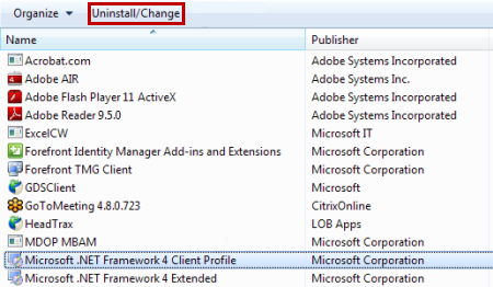 Microsoft .NET Framework 4 クライアント プロファイル項目を選択した後、[アンインストール/変更] を選択するスクリーンショット。