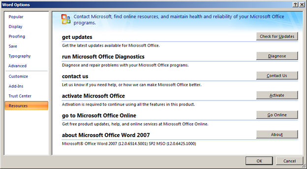 Microsoft Office Program_Name 2007 のラベルの横にある [バージョン情報] ボタンをクリックするスクリーンショット。