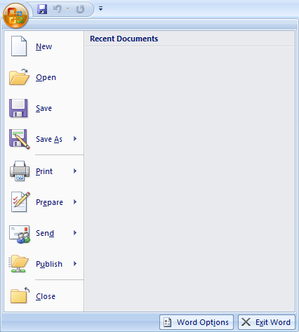 Office 2007 で [Word オプション] を選択するスクリーンショット。