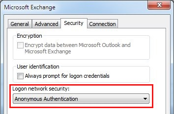 [ログオン ネットワーク セキュリティ] 設定が [匿名認証] に設定されているかどうかを確認する、[Microsoft Exchange] ダイアログ ボックスの [セキュリティ] タブのスクリーンショット。