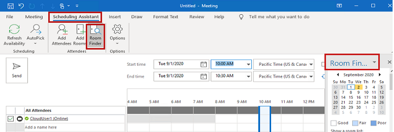 Microsoft 365 のスケジュール アシスタント ビューの Room Finder 機能を示すスクリーンショット。