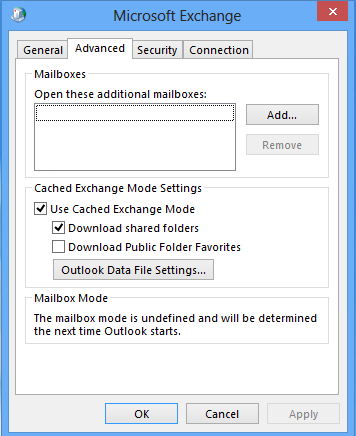 [詳細設定] タブの [Outlook データ ファイルの設定] ボタンが表示された Microsoft Exchange ウィンドウのスクリーンショット。