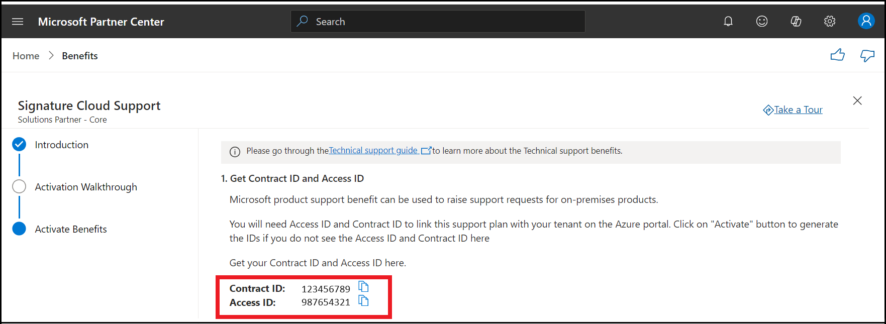 Microsoft 製品サポート ウィザードの [特典のアクティブ化] セクションのスクリーンショット。コントラクト ID とアクセス ID が強調表示されています。