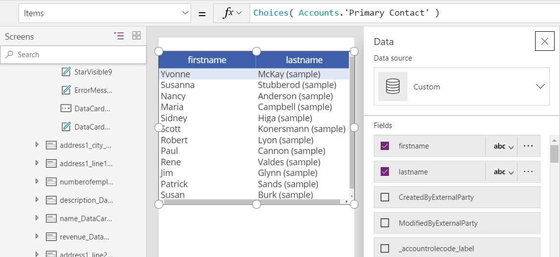 データ テーブル コントロールを含むキャンバス画面。 Items プロパティは式 Choices( Accounts.'Primary Contact' ) に設定され、テーブルには取引先担当者テーブルの最初のレコード セットの firstname 列と lastname 列が表示されています。