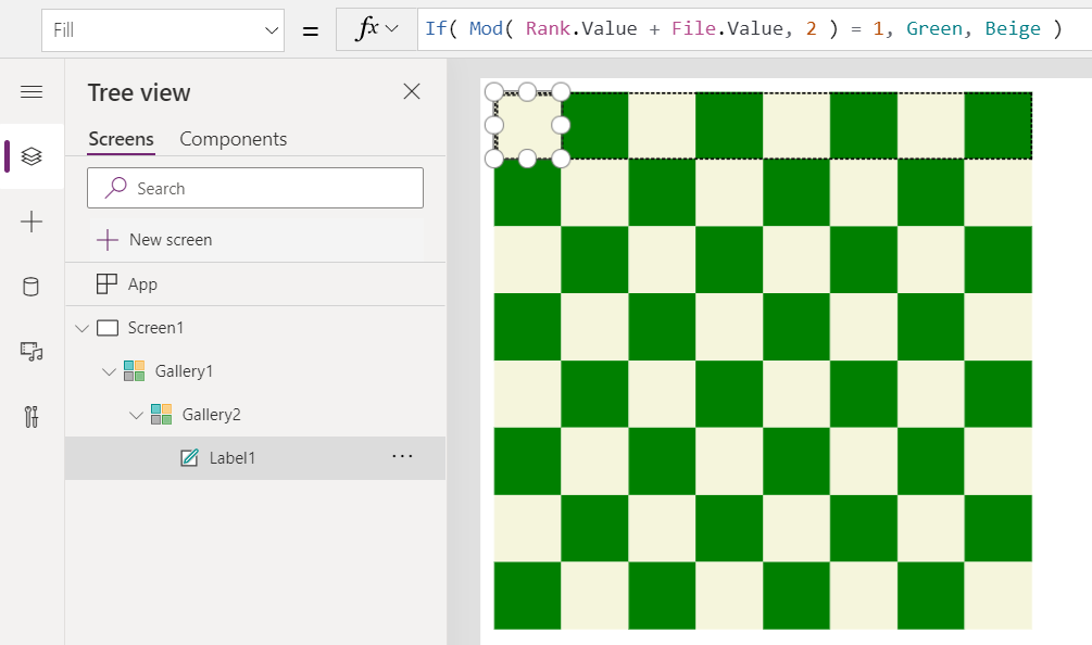 チェス盤に交互の色を提供する 2 つのギャラリー内のラベル コントロール
