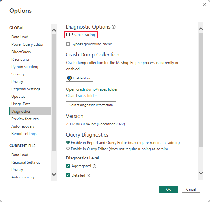 Screenshot shows the option to enable tracing in Power BI Desktop.
