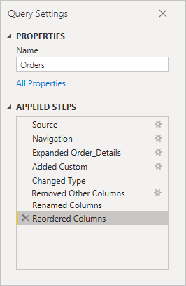 Screenshot that shows the applied steps in the Orders query.