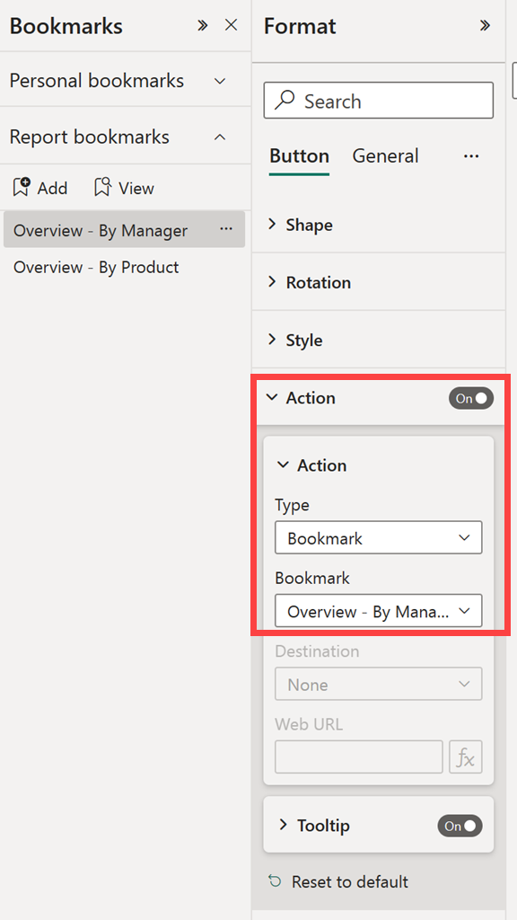 Screenshot showing how to add a bookmark as a button action.