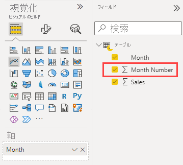 Screenshot of the Visualizations and Fields panes in the Power BI service. In the Fields pane, the Month Number field is highlighted.