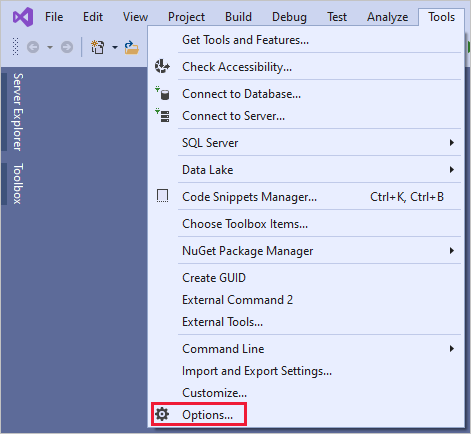 Visual Studio ウィンドウのスクリーンショット。[ツール] メニューの [オプション] ボタンが強調表示されています。