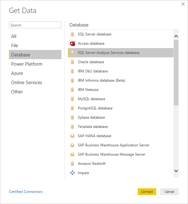 Screenshot shows the Get Data dialog with SQL Server Analysis Services database selected.
