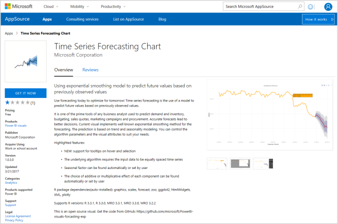 Screenshot showing the Time Series Forecasting Chart Power B I visual in App Source.