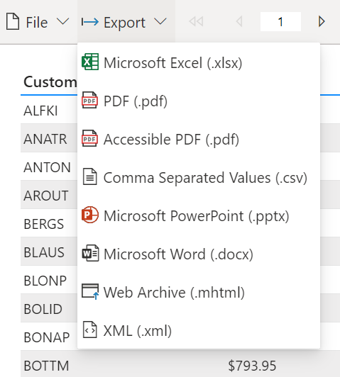 使用可能なエクスポート形式のリストのスクリーンショット。