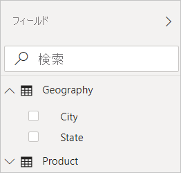 Screenshot of Power BI Desktop showing the Geography filter in the Fields view.