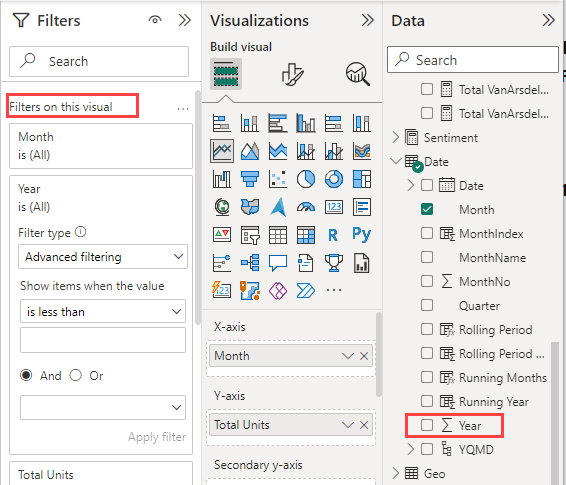 Screenshot that shows the Filters pane with filters added.