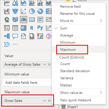 Screenshot of the Fields pane with Gross Sales and the Maximum aggregate called out.