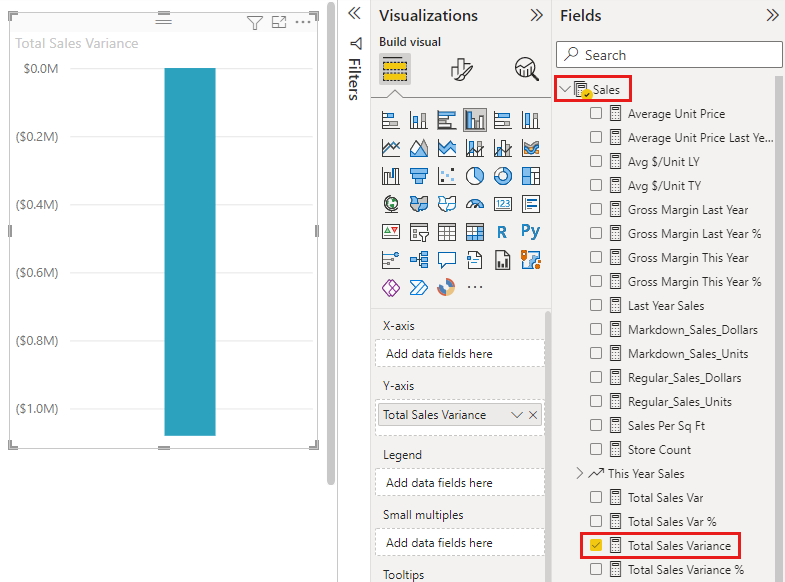 Screenshot of Sales > Total Sales Variance selected and the visual that results.