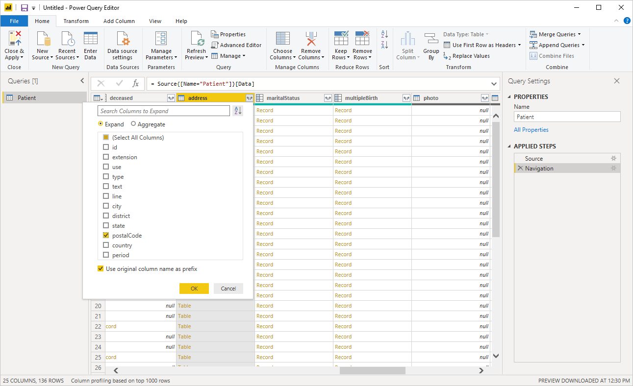 Screenshot of the Power Query editor with the patient data shown, the address column selected, and the postal code selected for expansion.