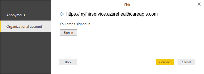 Screenshot of the authentication dialog with the Organizational account selected for sign in.