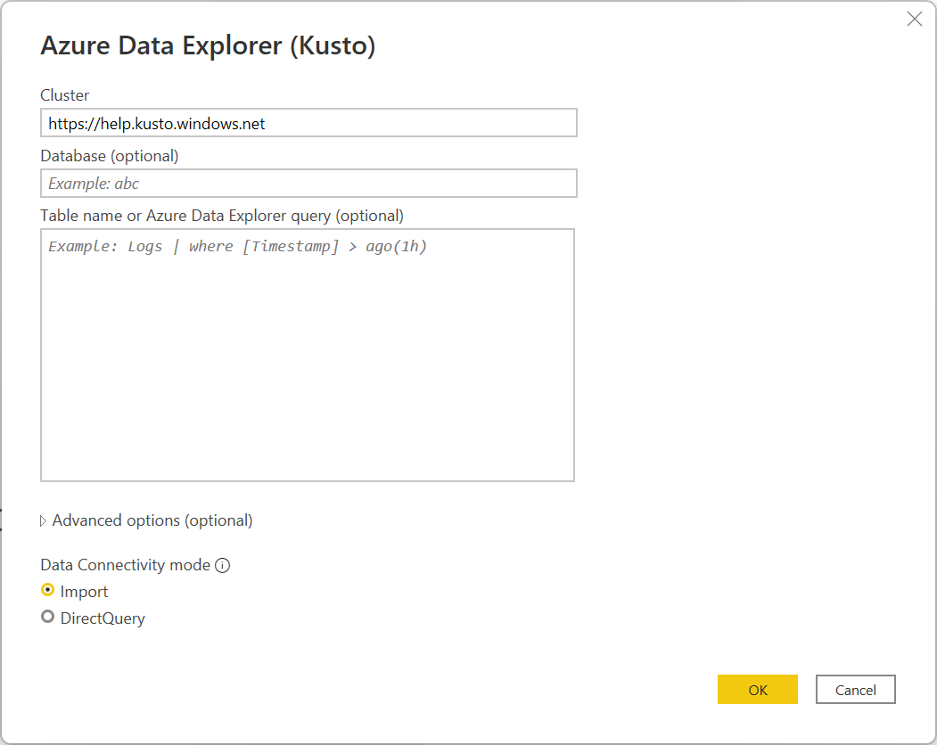 [Azure Data Explorer (Kusto)] ダイアログ ボックスのスクリーンショット。クラスターの URL が入力されています。