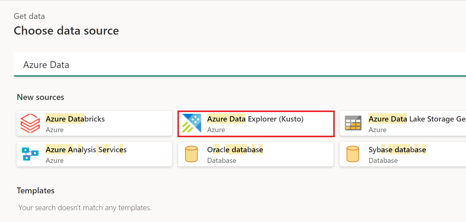 Azure Data Explorer が強調された [データの取得] ウィンドウのスクリーンショット。