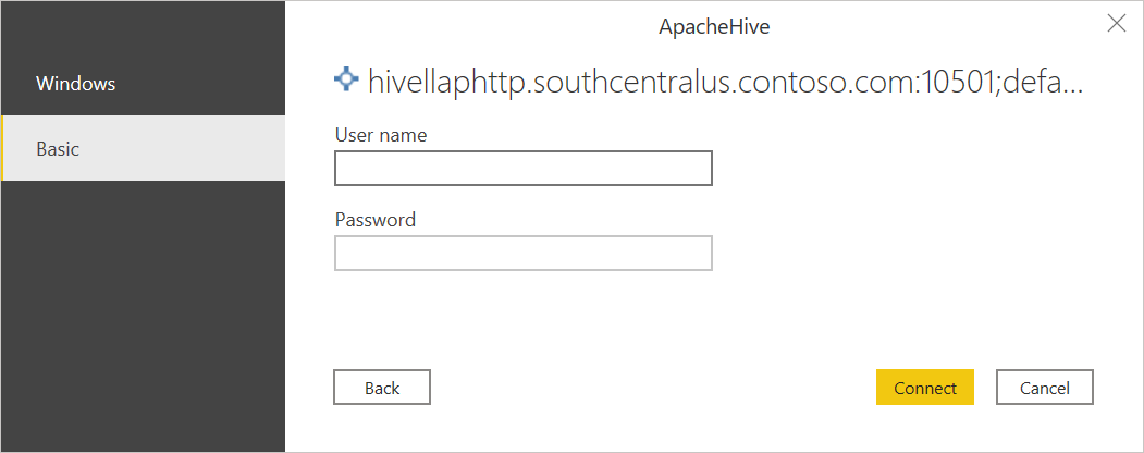 Apache Hive LLAP 接続の基本認証画面の画像 (ユーザー名とパスワードの入力欄を含む)
