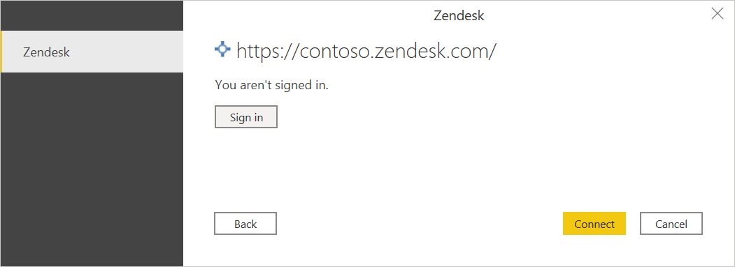 Zendesk アカウントが強調表示され、[サインイン] ボタンが表示されているイメージ。