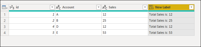 数値データ型からテキスト データ型に変換された Sales 列と、その結果である両方の式を含む新しい列が含まれるテーブル。