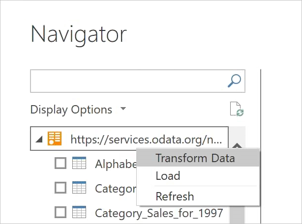 Selecting the root node in Navigator and selecting transform data from the drop-down menu.