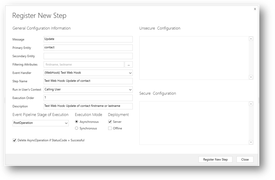 新しい WebHook のステップを登録するプラグイン登録ダイアログ。