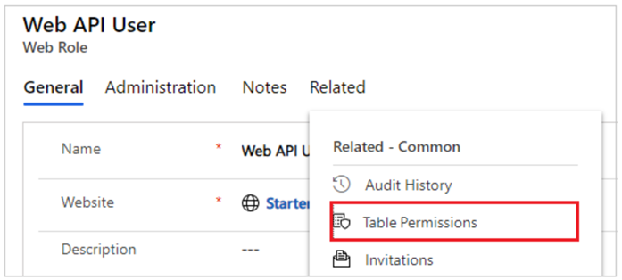 関連したテーブルへのアクセス許可を Web ロールに追加します。