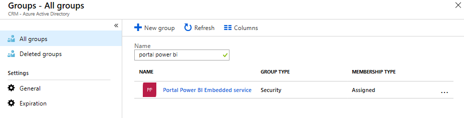 Power BI Embedded サービスのセキュリティ グループを検索して選択する。