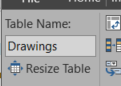 テーブルの名前を Drawings に変更する。