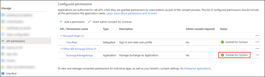 管理 Exchange.ManageAsApp アクセス許可に対して付与された同意。