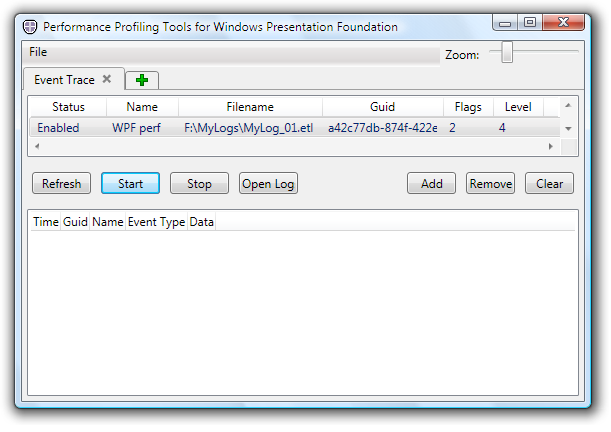 Event Trace main window with event loggers