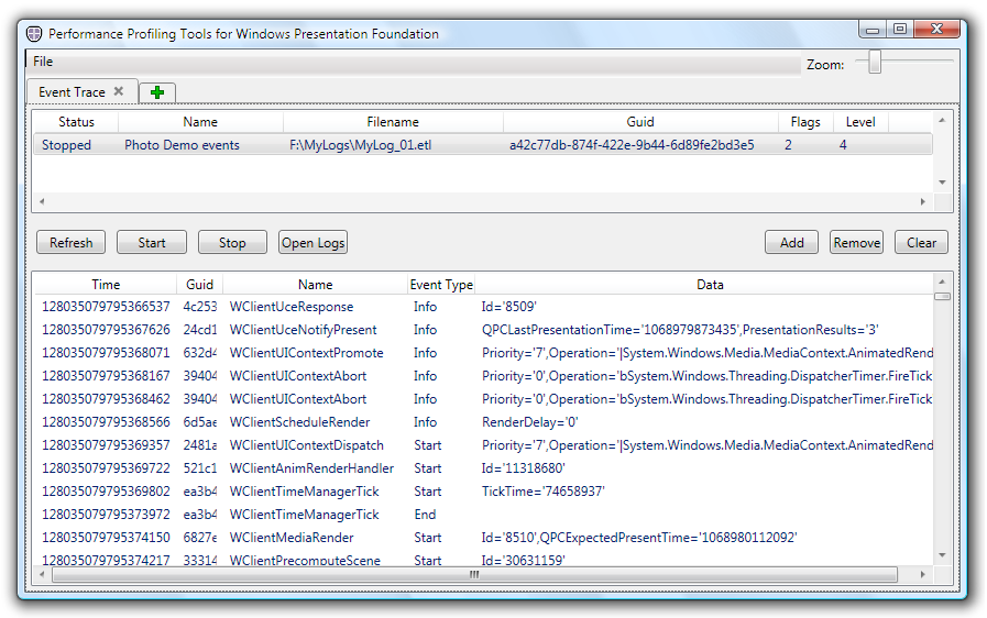 Event Trace main window with event logging info
