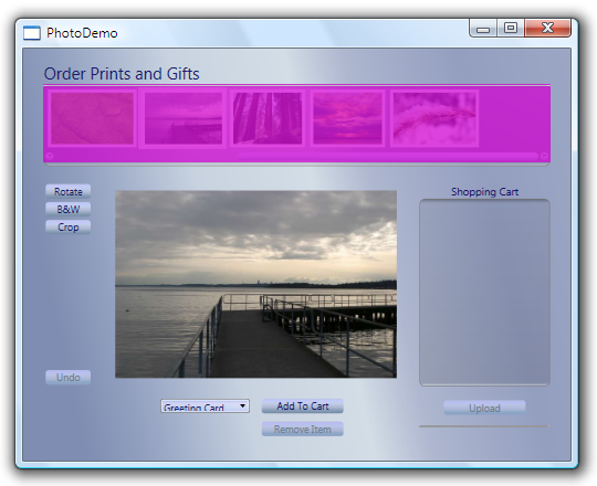 パーフォレイター レンディング オプションを表示する Photodemo アプリケーション
