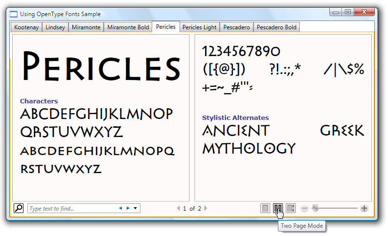 OpenType フォント サンプルの使用のスクリーン ショット