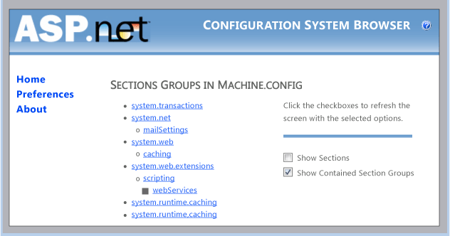 Configuration Browser Home Page expanded