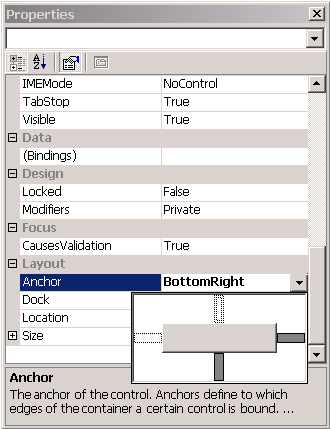 The Properties dialog box with the Anchor dropdown active