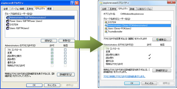図 4-23: Windows XP と Windows Vista/Windows 7 のシステムファイルへのアクセス許可