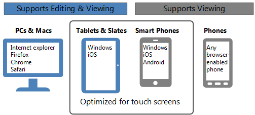 さまざまなデバイスでの Office Web Apps の表示および編集の機能をまとめた図。タッチ スクリーン向けに最適化された機能が強調表示されています。
