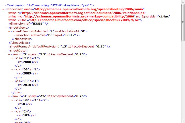 ワークシート パーツ内の XML の例