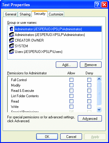 図 4 Windows XP の ACL UI ダイアログ